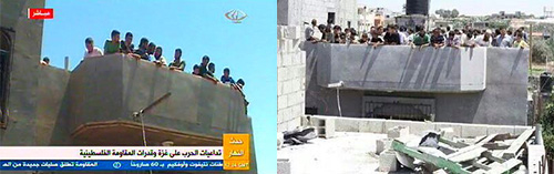Two pictures showing Palestinian human shields gathered on buildings for which the Israel Air Force has given advance warning of a pending bombing.