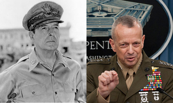 General Douglas MacArthur (left) strongly believed in forward defence. General John Allen (right) also believes in forward defence -- but for U.S. forces only, not for the Israel's military defending its borders. (Source: Wikimedia Commons, 1, 2)