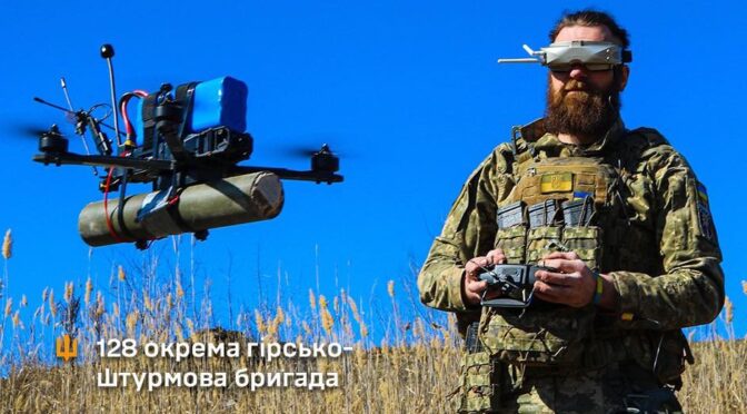 Drone operator with Ukrainian 128th Separate Mountain Assault Transcarpathian Brigade, controlling a drone.